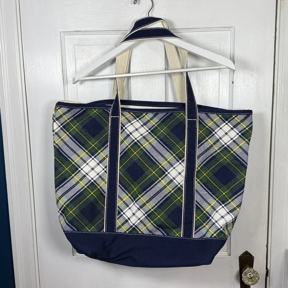 Lands End Plaid Blue Green White Large Size Bucket Tote Beach Travel Car Bag